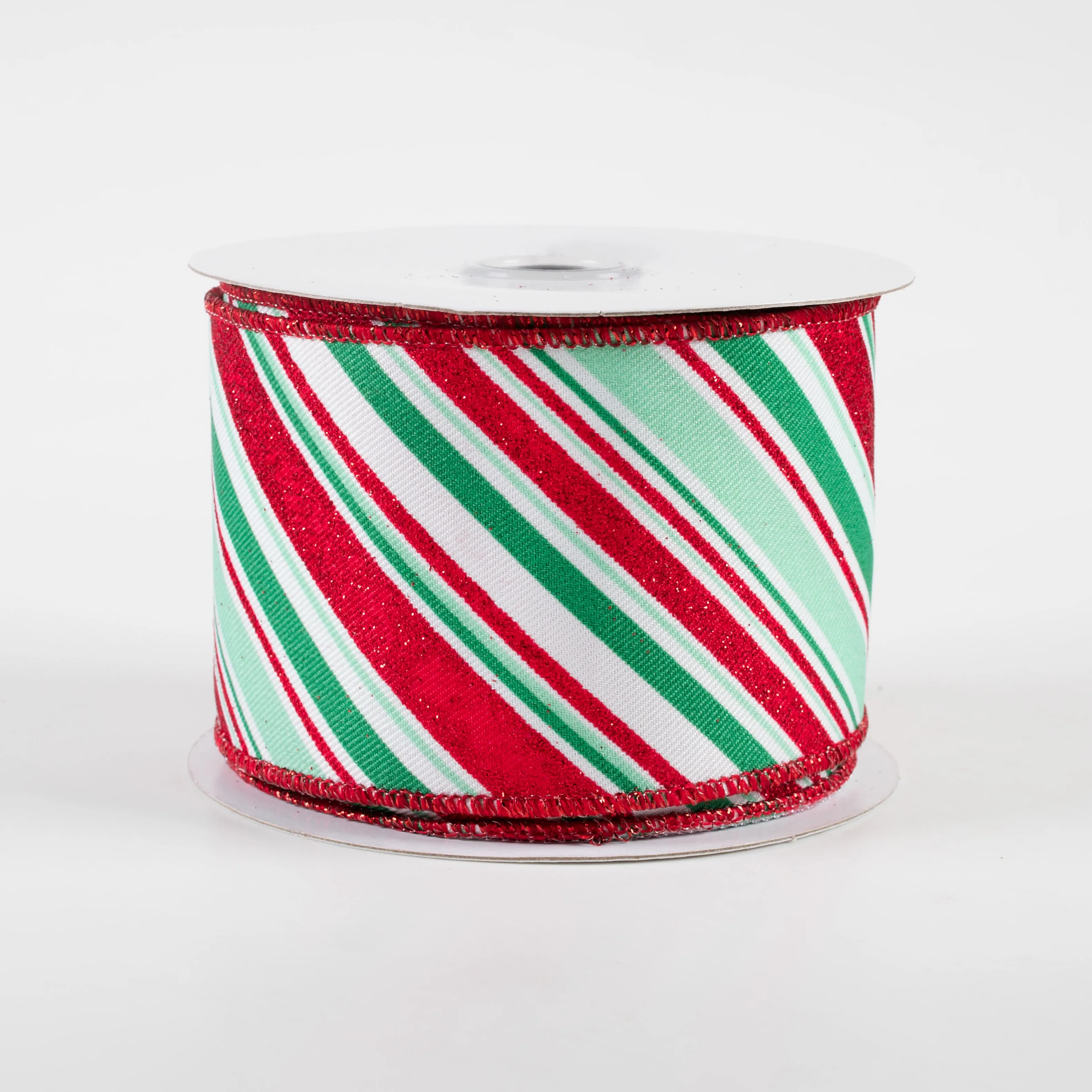 2.5" Diagonal Stripe Ribbon: White, Mint, Jade, Red (10 Yards)