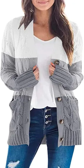 Block Grey Women's Long Sleeve Cable Knit Sweater Open Front Cardigan Button Loose Outerwear - MEROKEETY