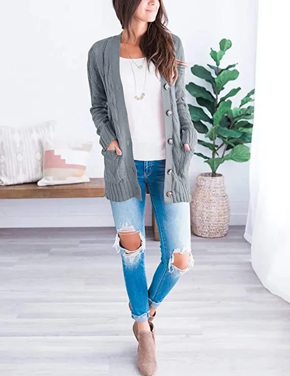 Block Grey Women's Long Sleeve Cable Knit Sweater Open Front Cardigan Button Loose Outerwear - MEROKEETY