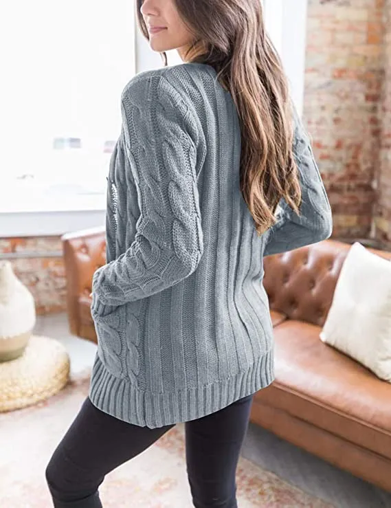 Block Grey Women's Long Sleeve Cable Knit Sweater Open Front Cardigan Button Loose Outerwear - MEROKEETY