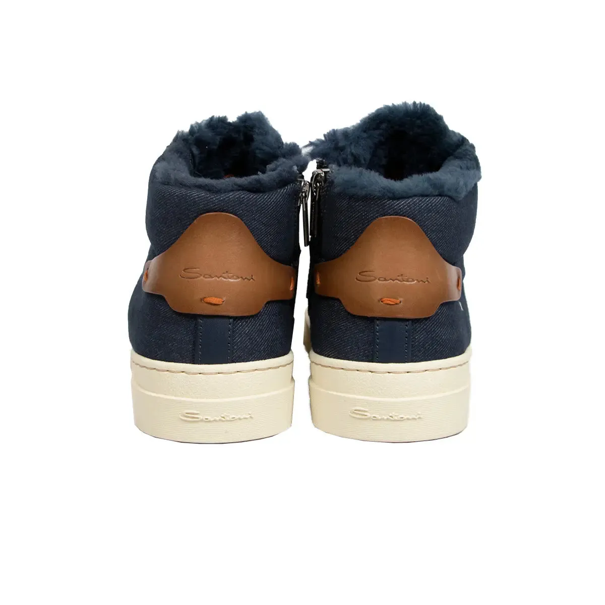 Blue Denim-Effect Fabric and Leather Sneaker