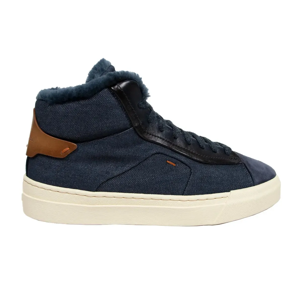 Blue Denim-Effect Fabric and Leather Sneaker