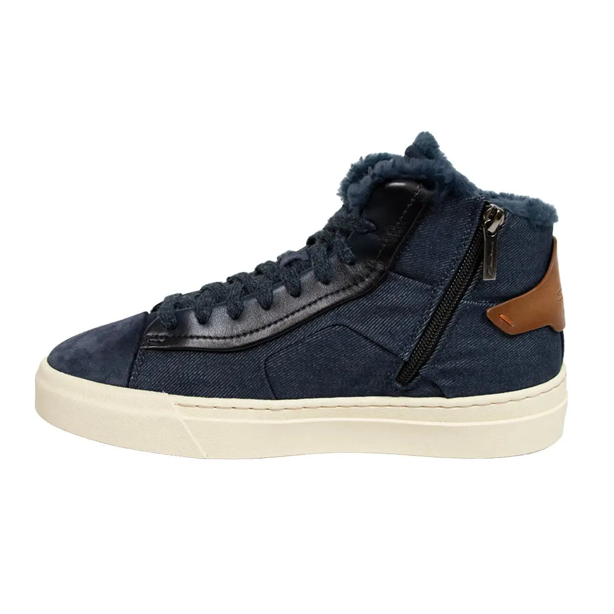 Blue Denim-Effect Fabric and Leather Sneaker