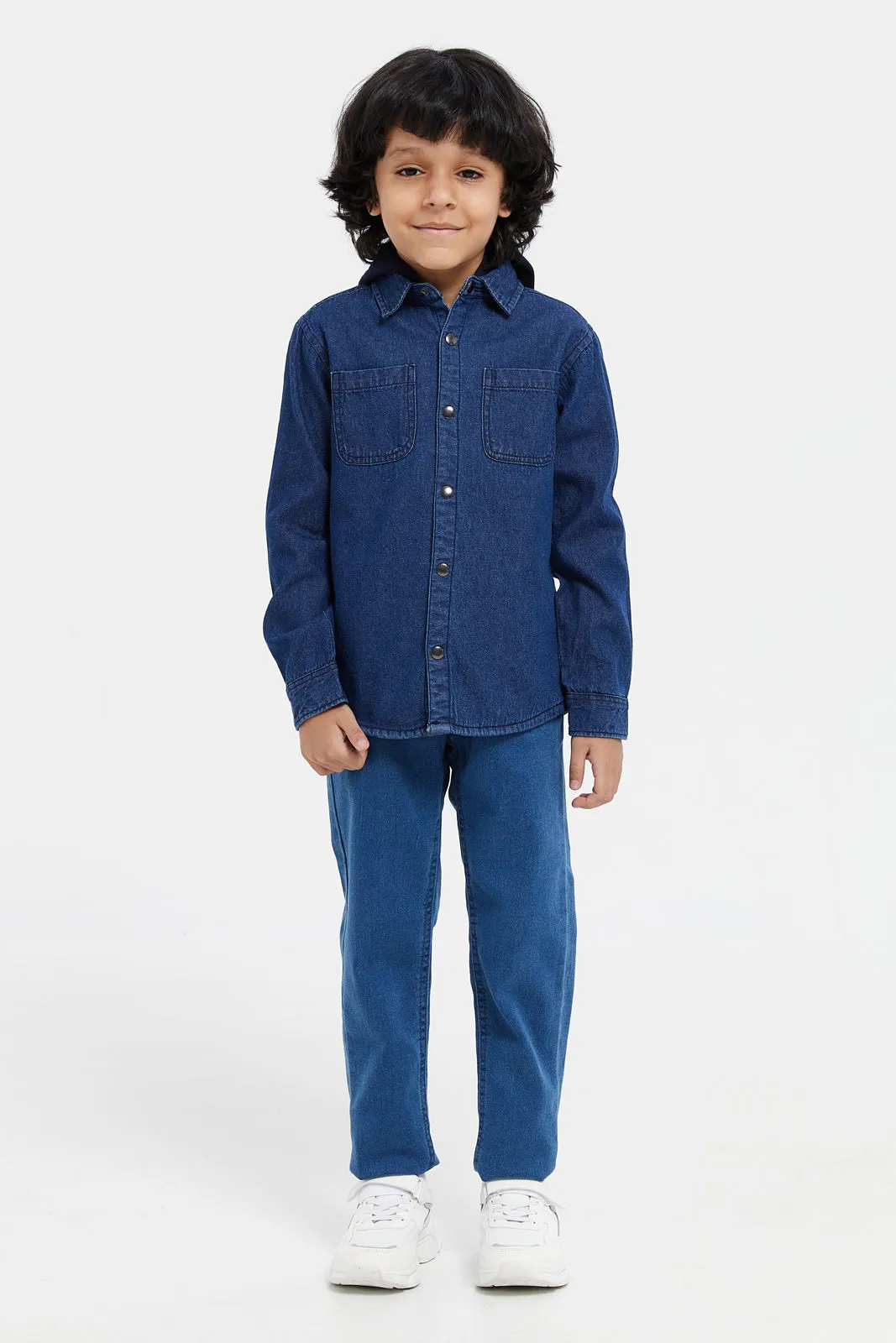 Boys Navy Denim Hooded Shirt With Fleece Lined