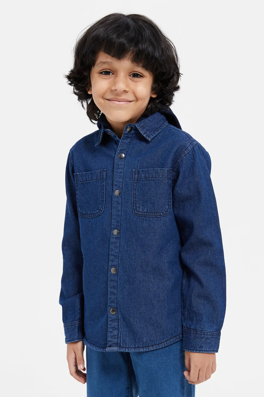 Boys Navy Denim Hooded Shirt With Fleece Lined