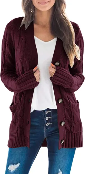 Burgundy Women's Long Sleeve Cable Knit Sweater Open Front Cardigan Button Loose Outerwear - MEROKEETY