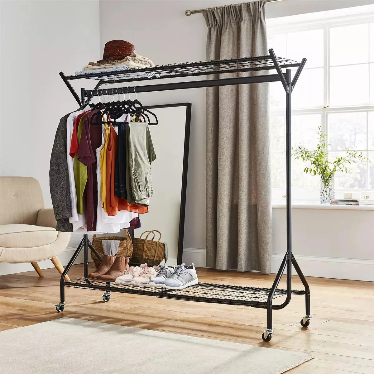 Clothing Rail Heavy Duty 6ft 5ft 4ft Hanging Clothes Shoe Hat Rack Shelf Wheels