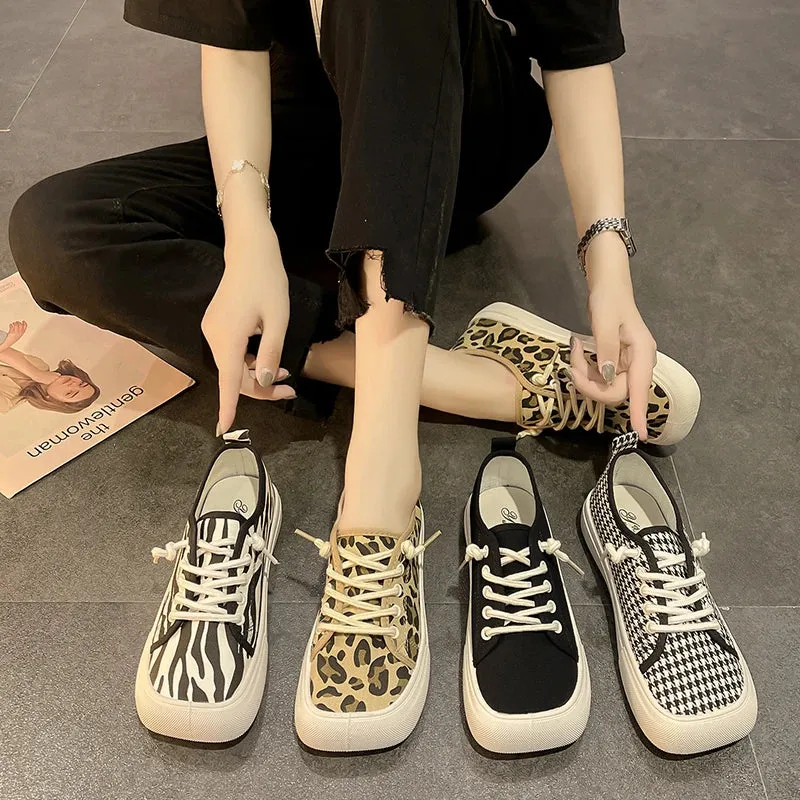 Hnzxzm Wide Feet Square Toe Canvas Loafers Women's Leisure Lace Up Sneakers Platform Leopard Zebra Print Shoes Student Running Shoes