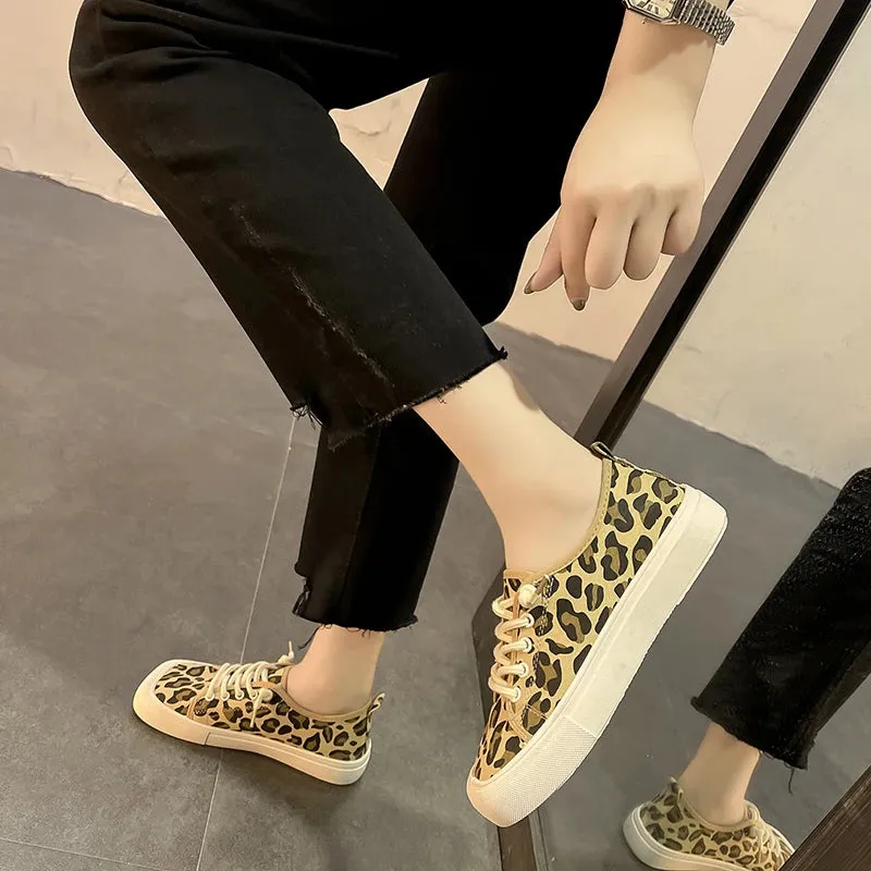 Hnzxzm Wide Feet Square Toe Canvas Loafers Women's Leisure Lace Up Sneakers Platform Leopard Zebra Print Shoes Student Running Shoes