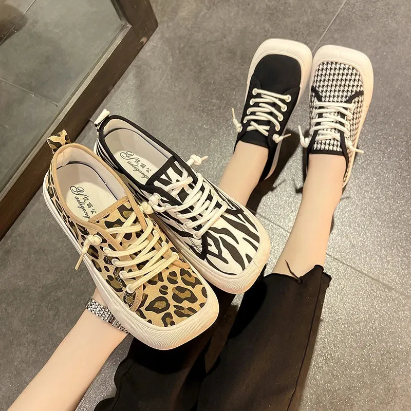 Hnzxzm Wide Feet Square Toe Canvas Loafers Women's Leisure Lace Up Sneakers Platform Leopard Zebra Print Shoes Student Running Shoes