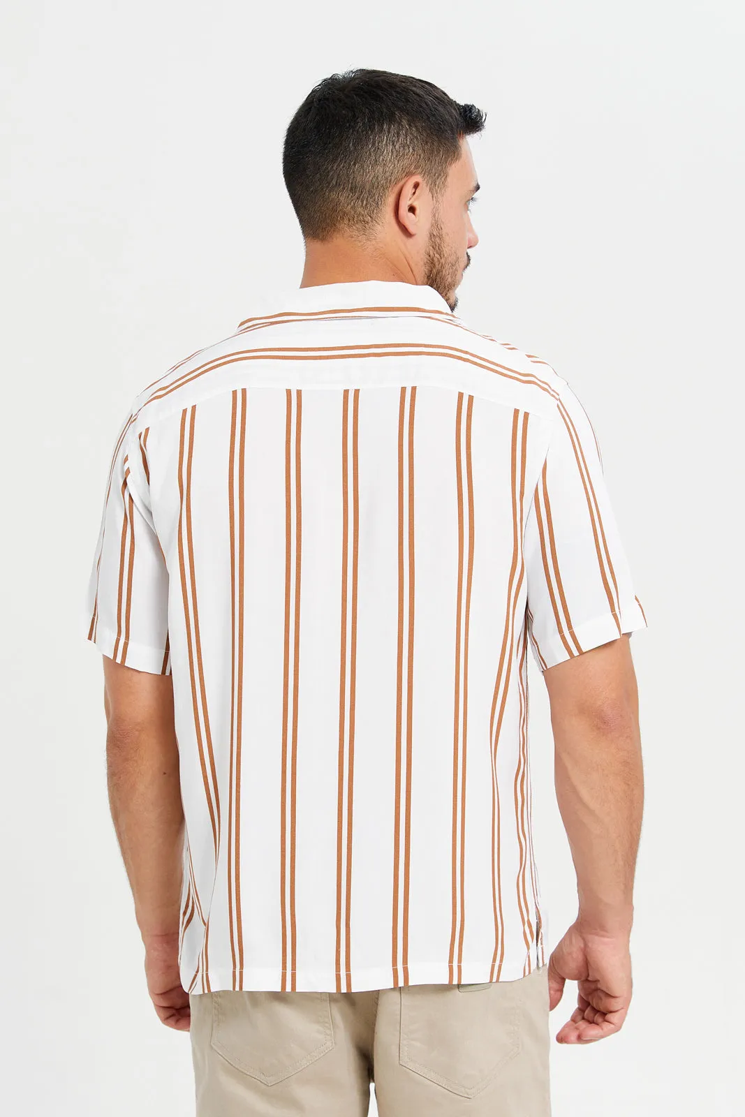 Men White And Orange Striped Resort Shirt