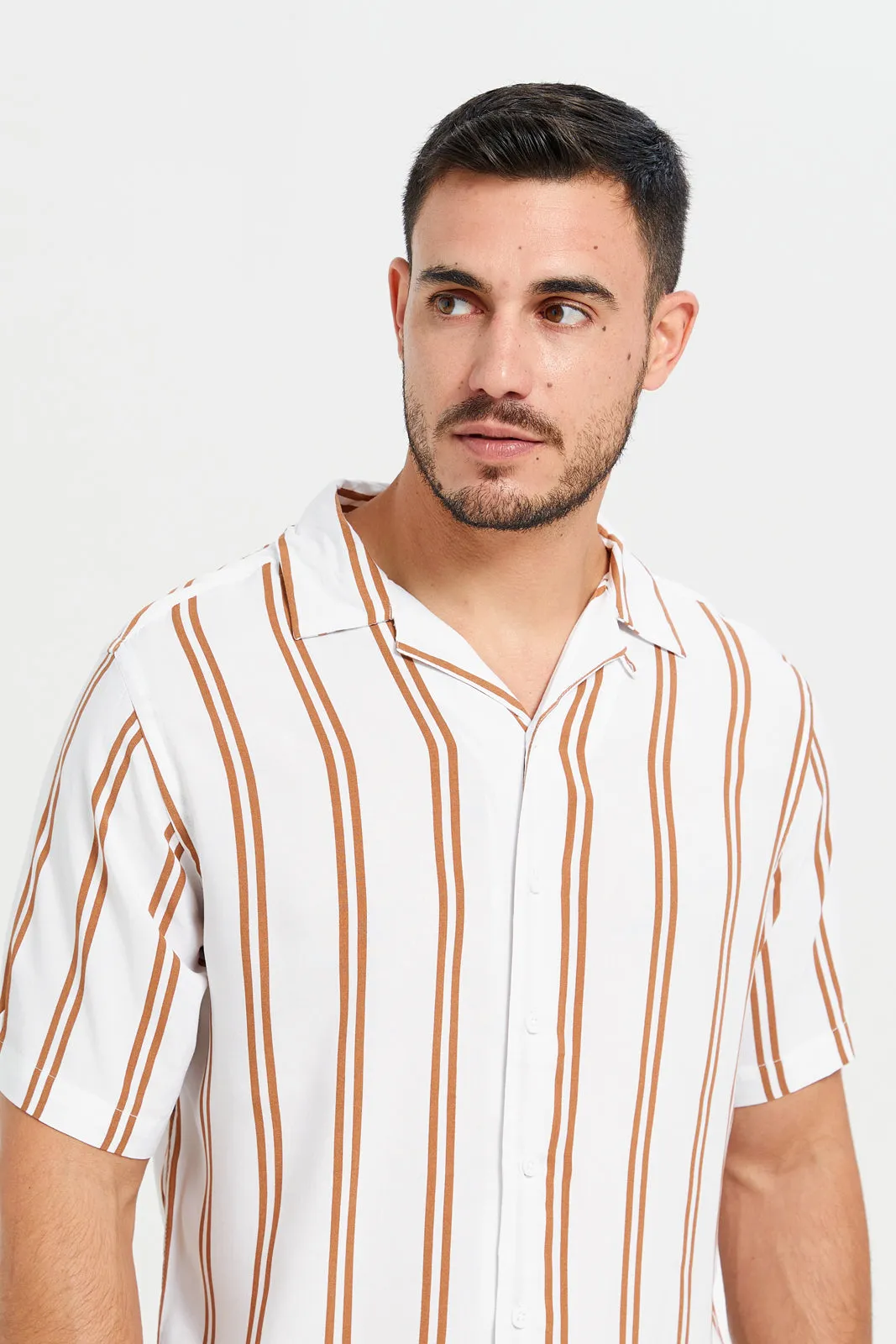 Men White And Orange Striped Resort Shirt