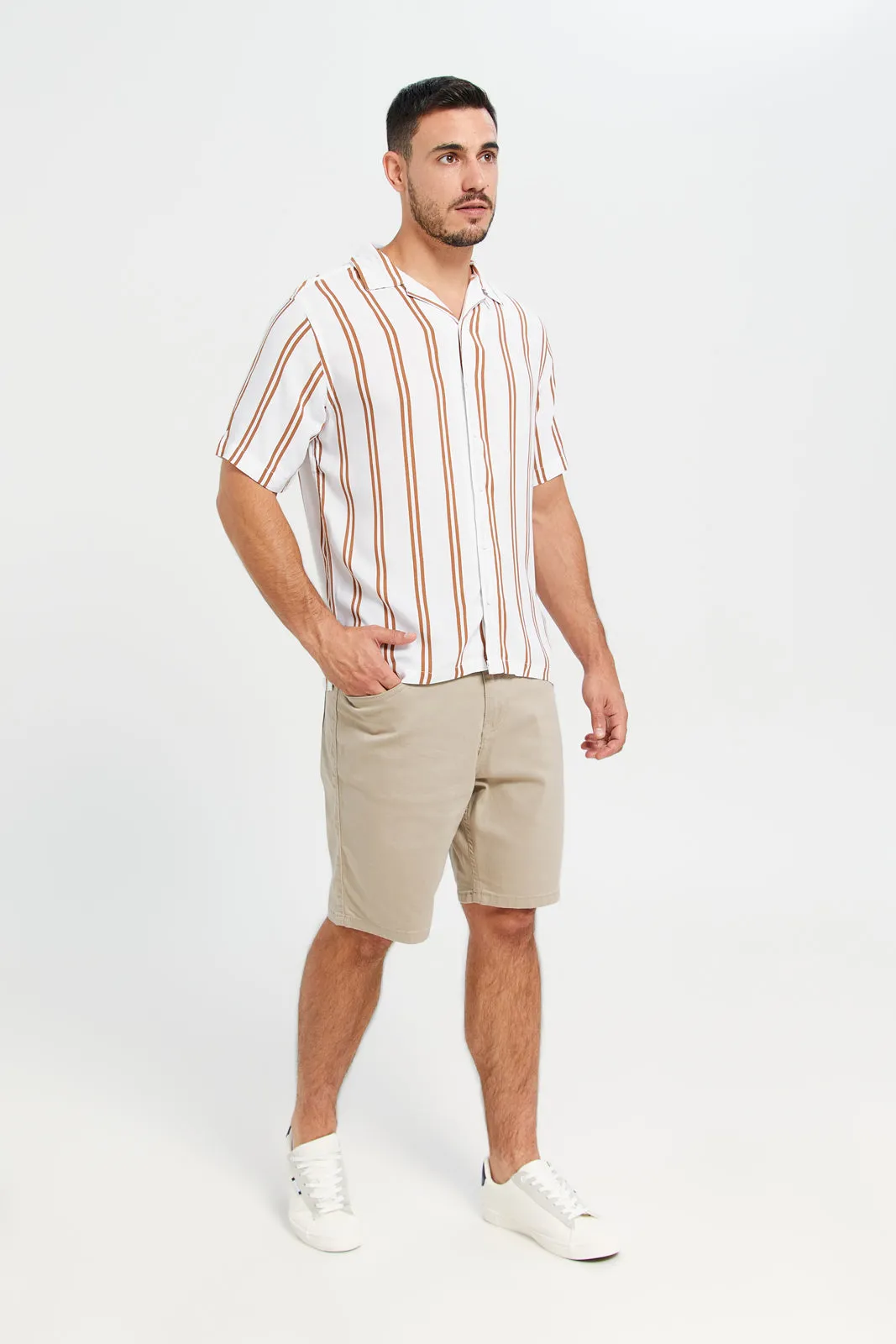 Men White And Orange Striped Resort Shirt