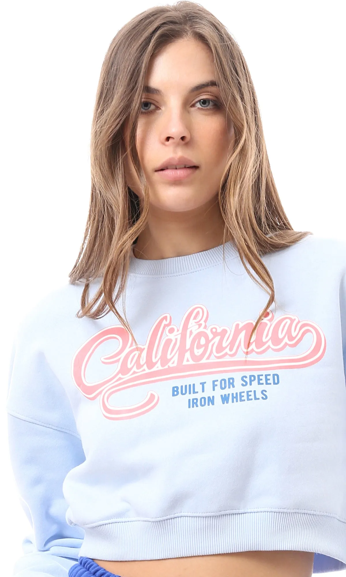 O174476 Light Blue Printed "California" Cropped Sweatshirt