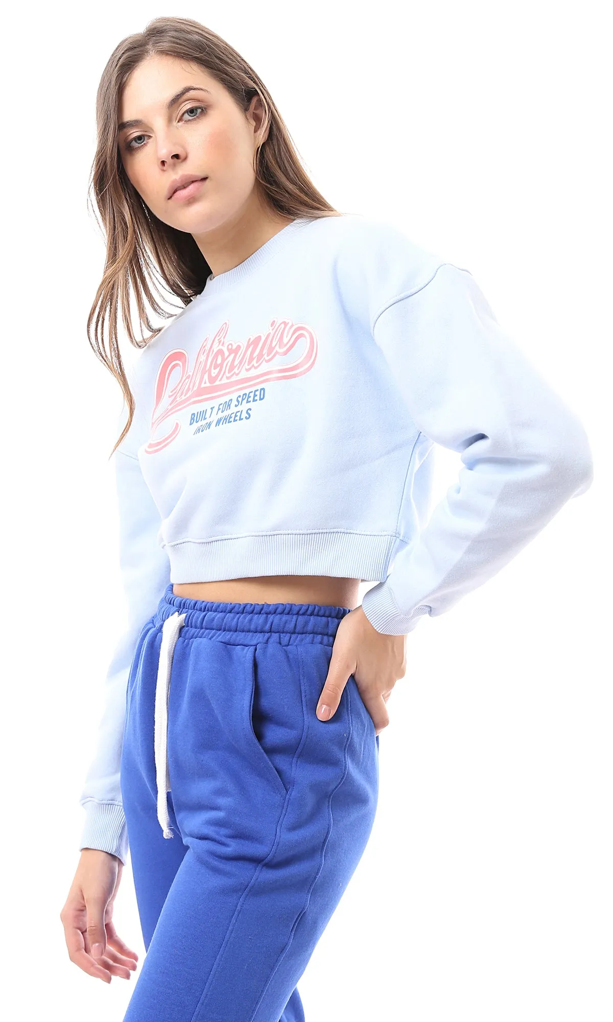 O174476 Light Blue Printed "California" Cropped Sweatshirt