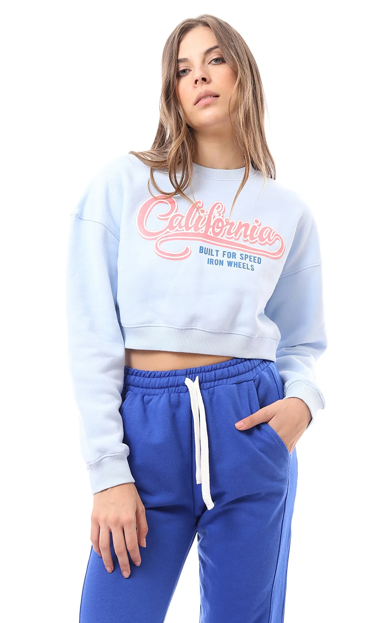 O174476 Light Blue Printed "California" Cropped Sweatshirt