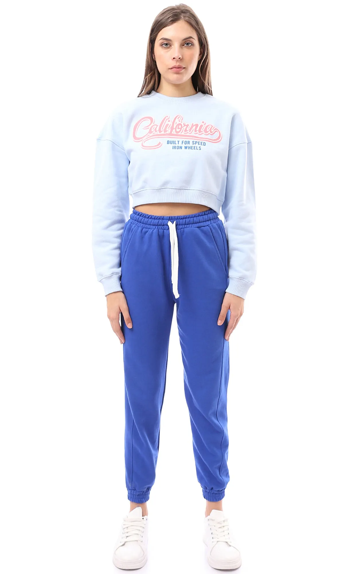 O174476 Light Blue Printed "California" Cropped Sweatshirt