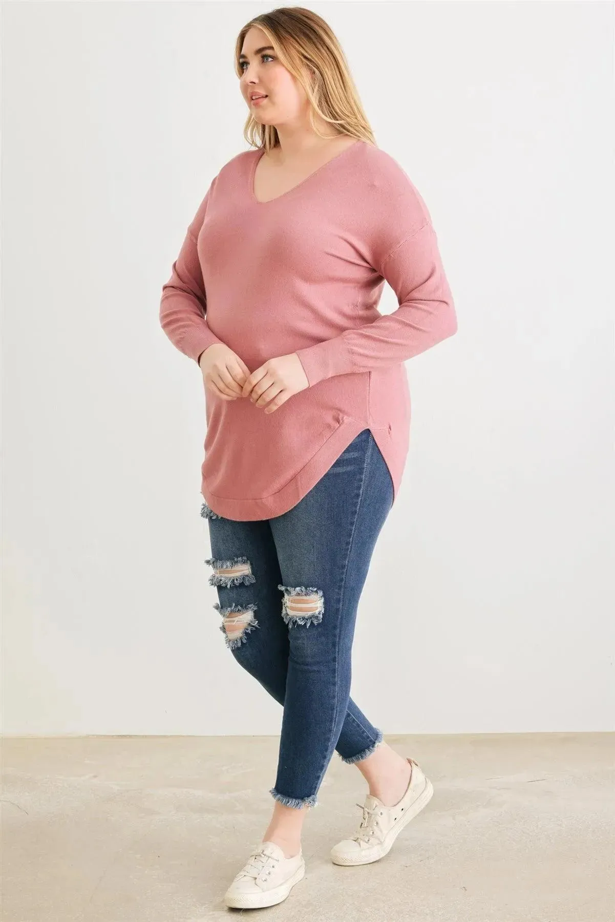 Plus Size Lace-Up Back Curved Hem Basic Knit Top