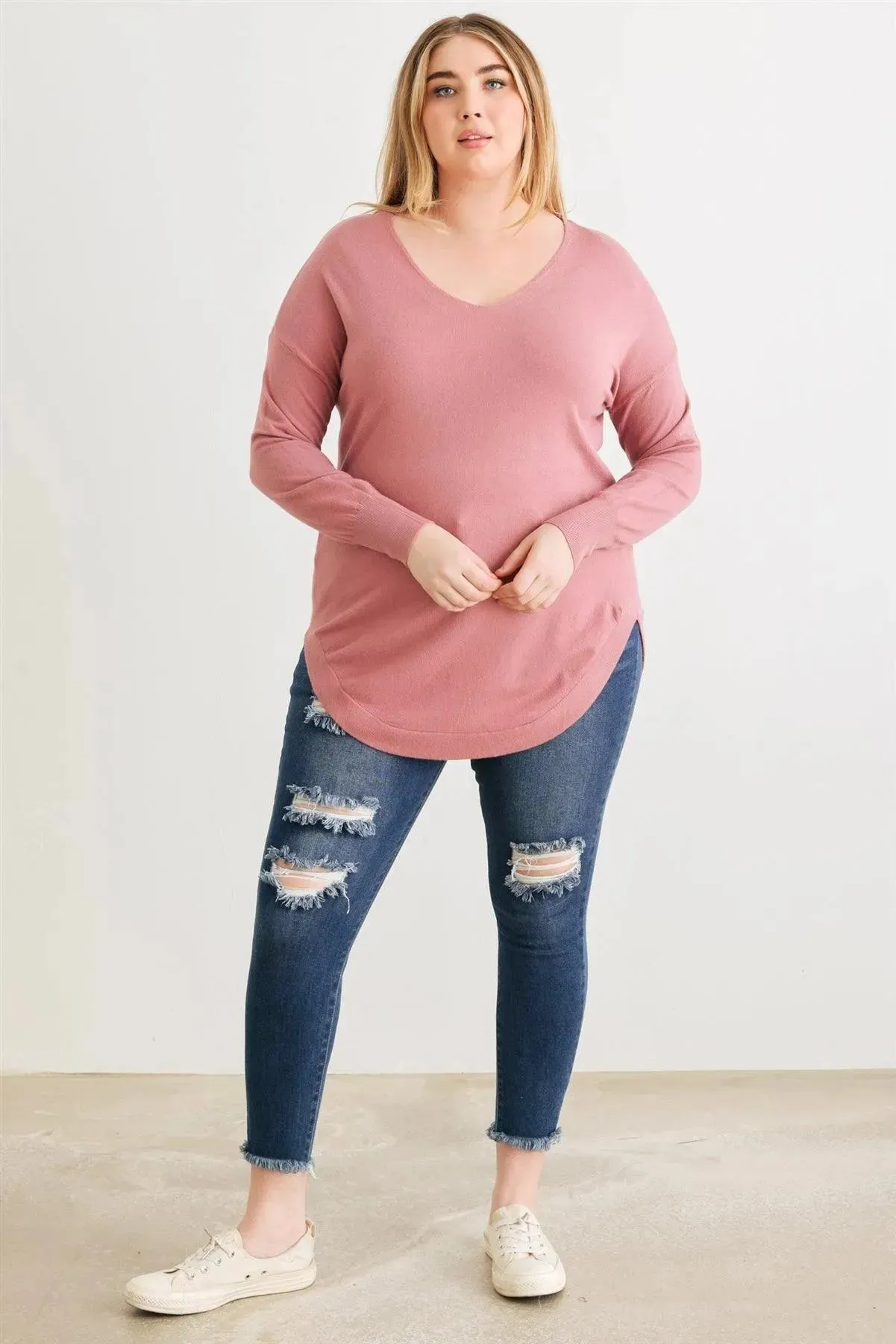 Plus Size Lace-Up Back Curved Hem Basic Knit Top