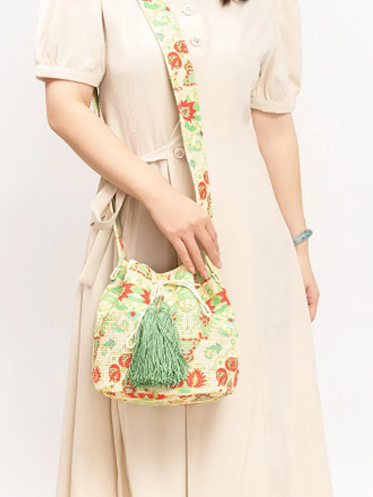 Printed Canvas Crossbody Barrel Bag