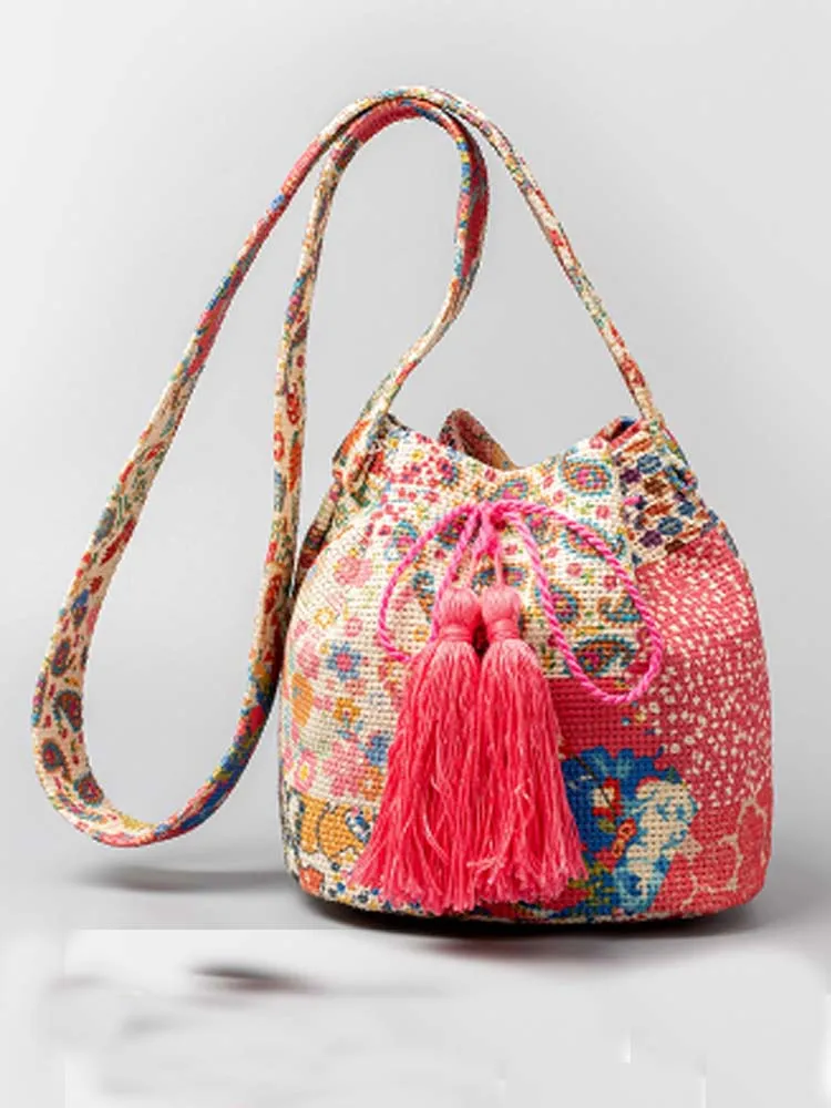 Printed Canvas Crossbody Barrel Bag