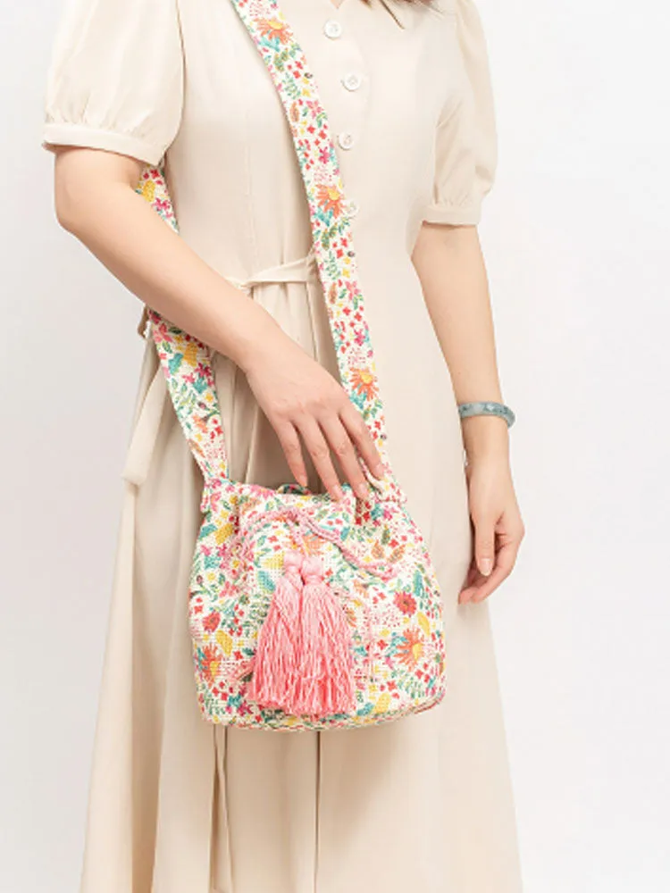 Printed Canvas Crossbody Barrel Bag