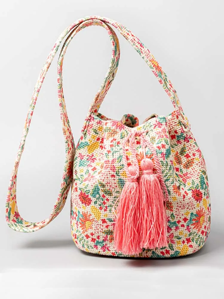 Printed Canvas Crossbody Barrel Bag