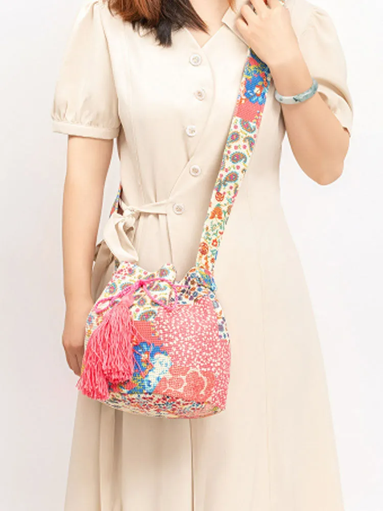 Printed Canvas Crossbody Barrel Bag