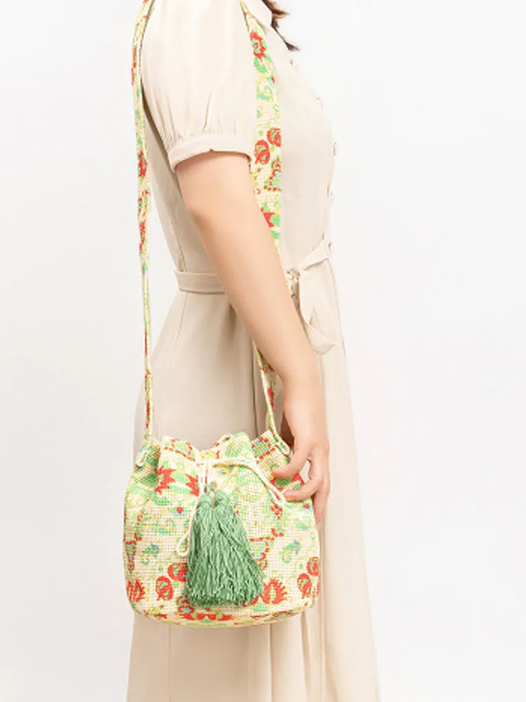 Printed Canvas Crossbody Barrel Bag