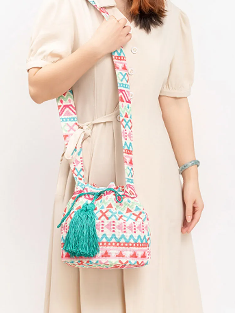 Printed Canvas Crossbody Barrel Bag