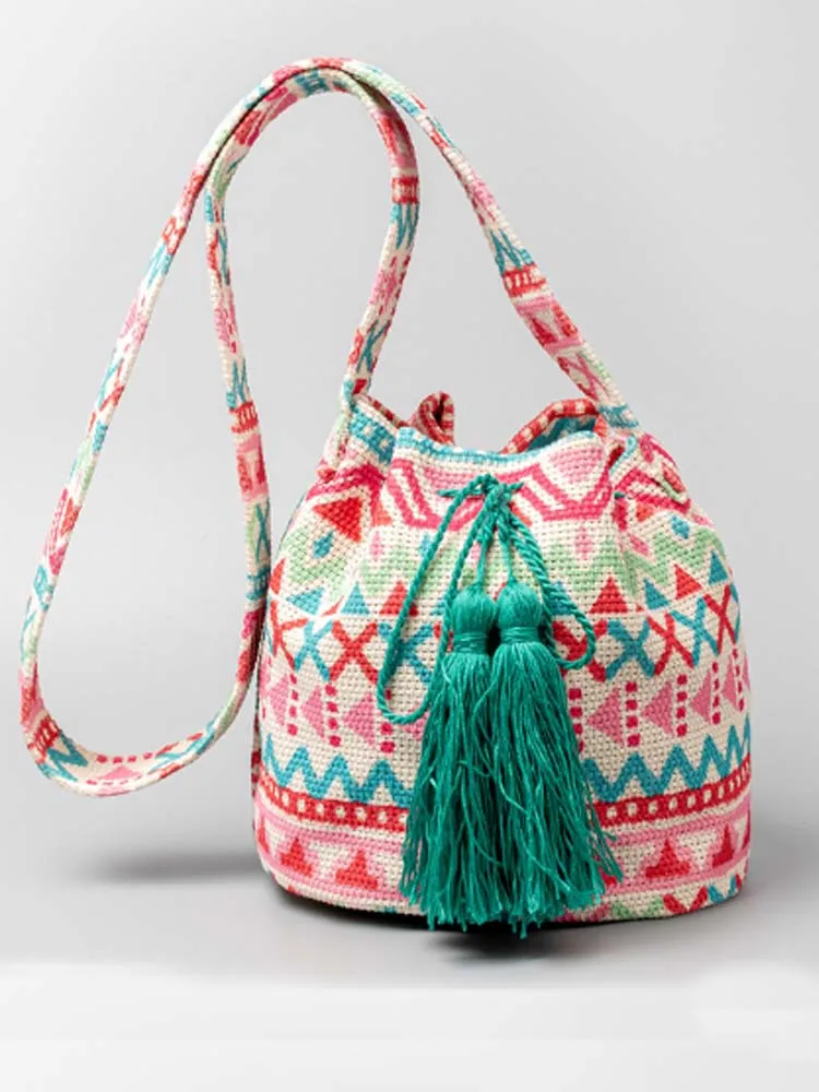 Printed Canvas Crossbody Barrel Bag