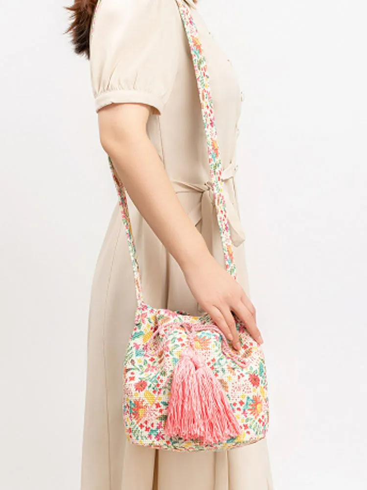 Printed Canvas Crossbody Barrel Bag