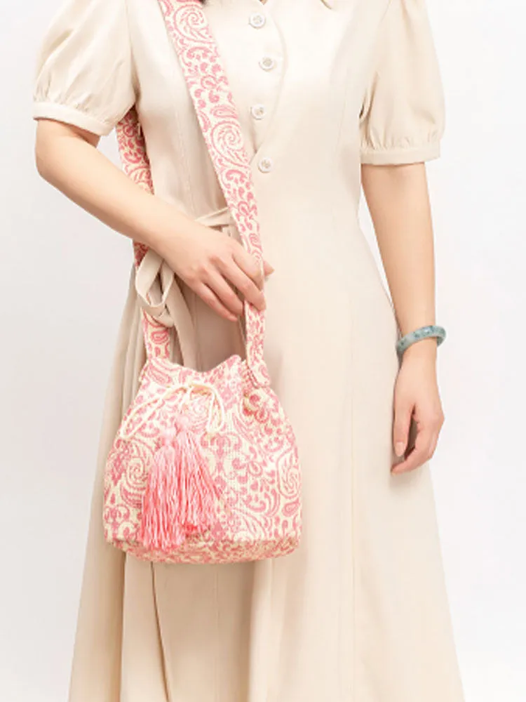 Printed Canvas Crossbody Barrel Bag