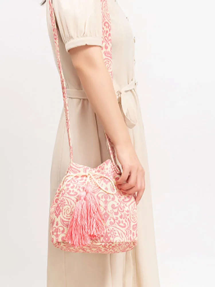 Printed Canvas Crossbody Barrel Bag