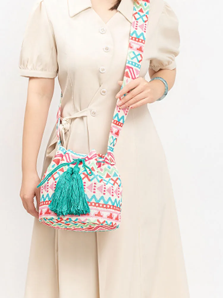 Printed Canvas Crossbody Barrel Bag