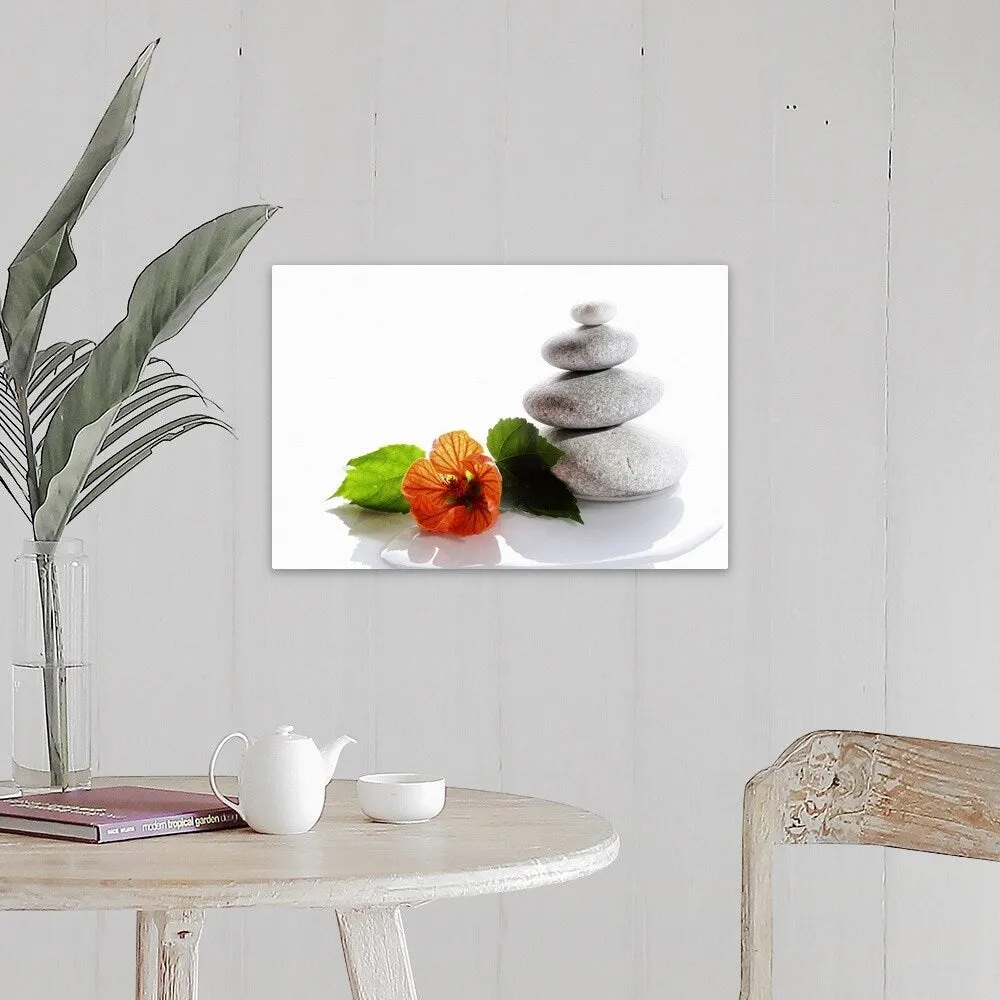 "Balanced stones and red flower" Canvas Wall Art