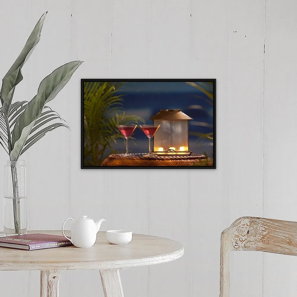 "Cocktails on table" Black Float Frame Canvas Art