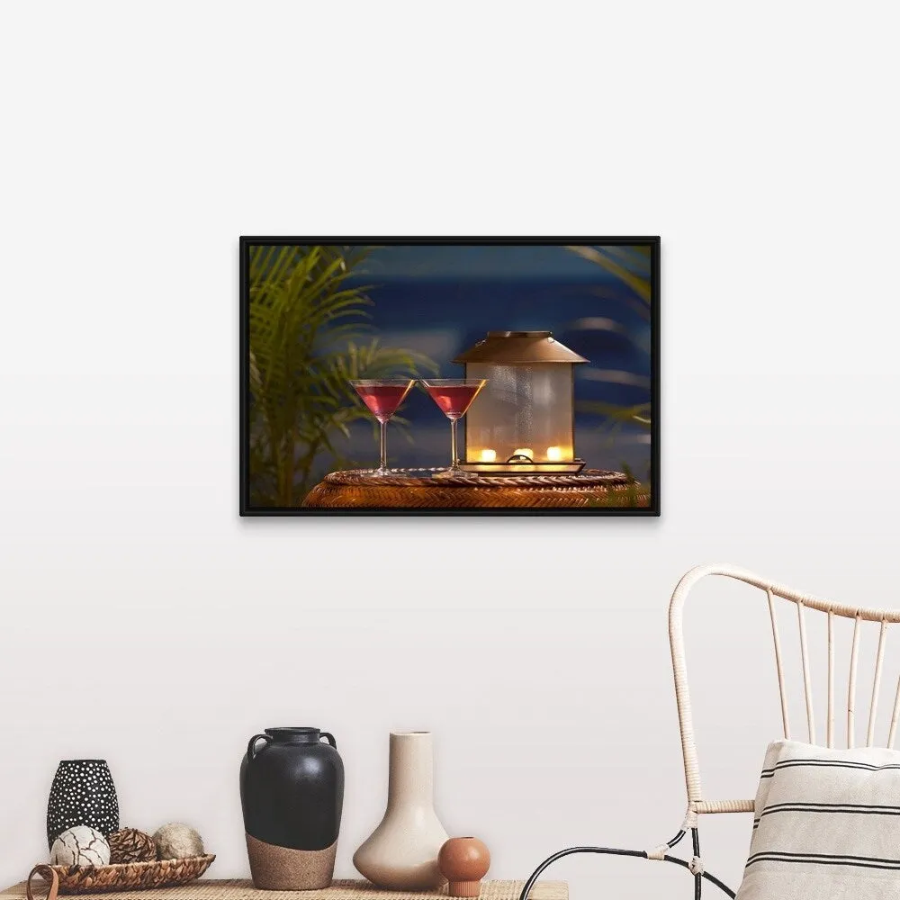 "Cocktails on table" Black Float Frame Canvas Art