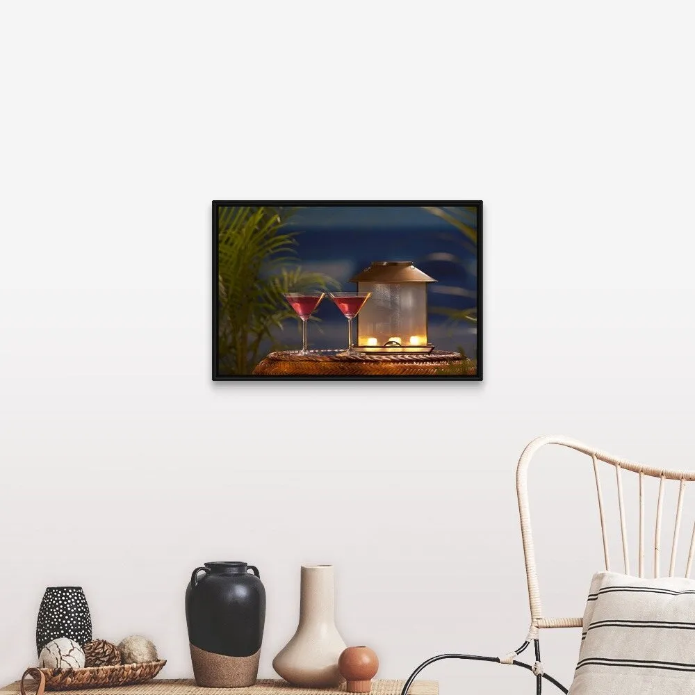 "Cocktails on table" Black Float Frame Canvas Art