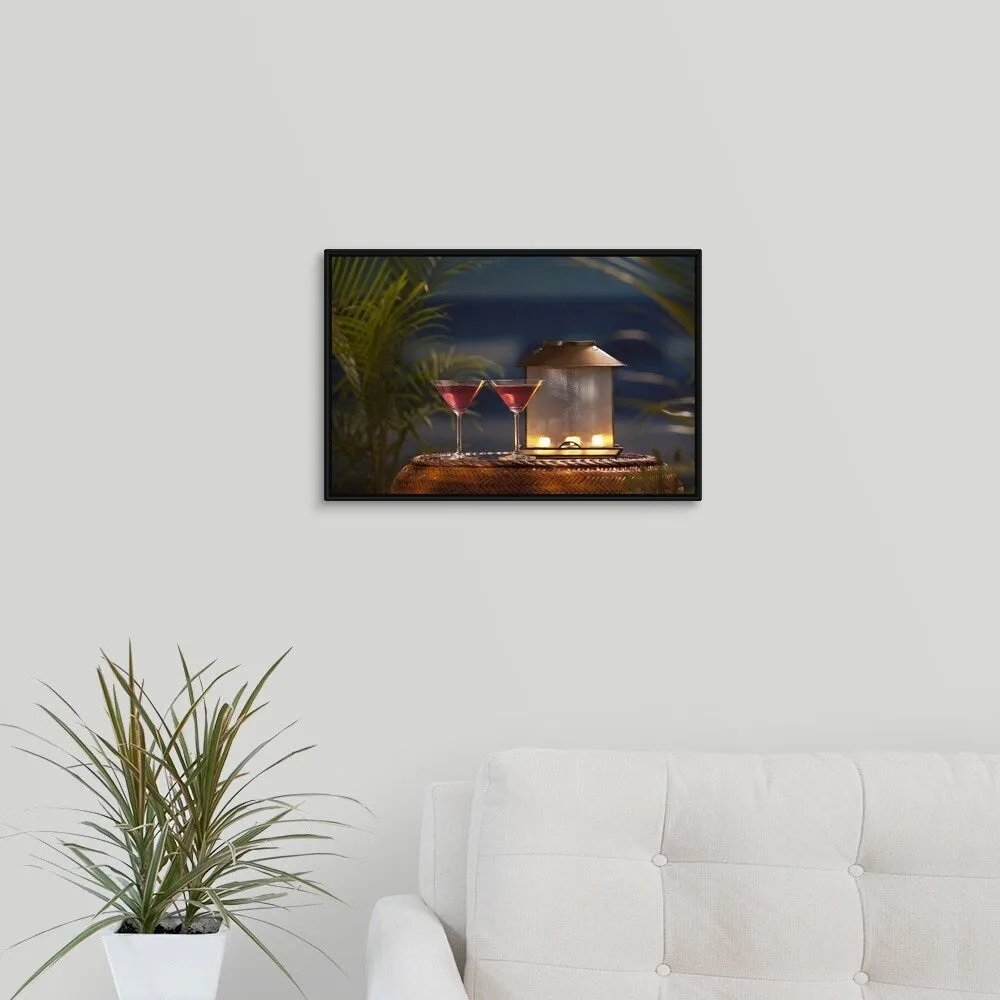 "Cocktails on table" Black Float Frame Canvas Art