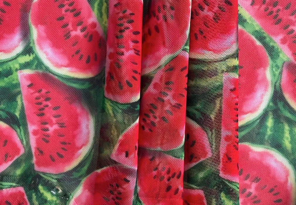 Refreshing Summery Watermelons Stretch Polyester Blend Mesh (Made in Italy)