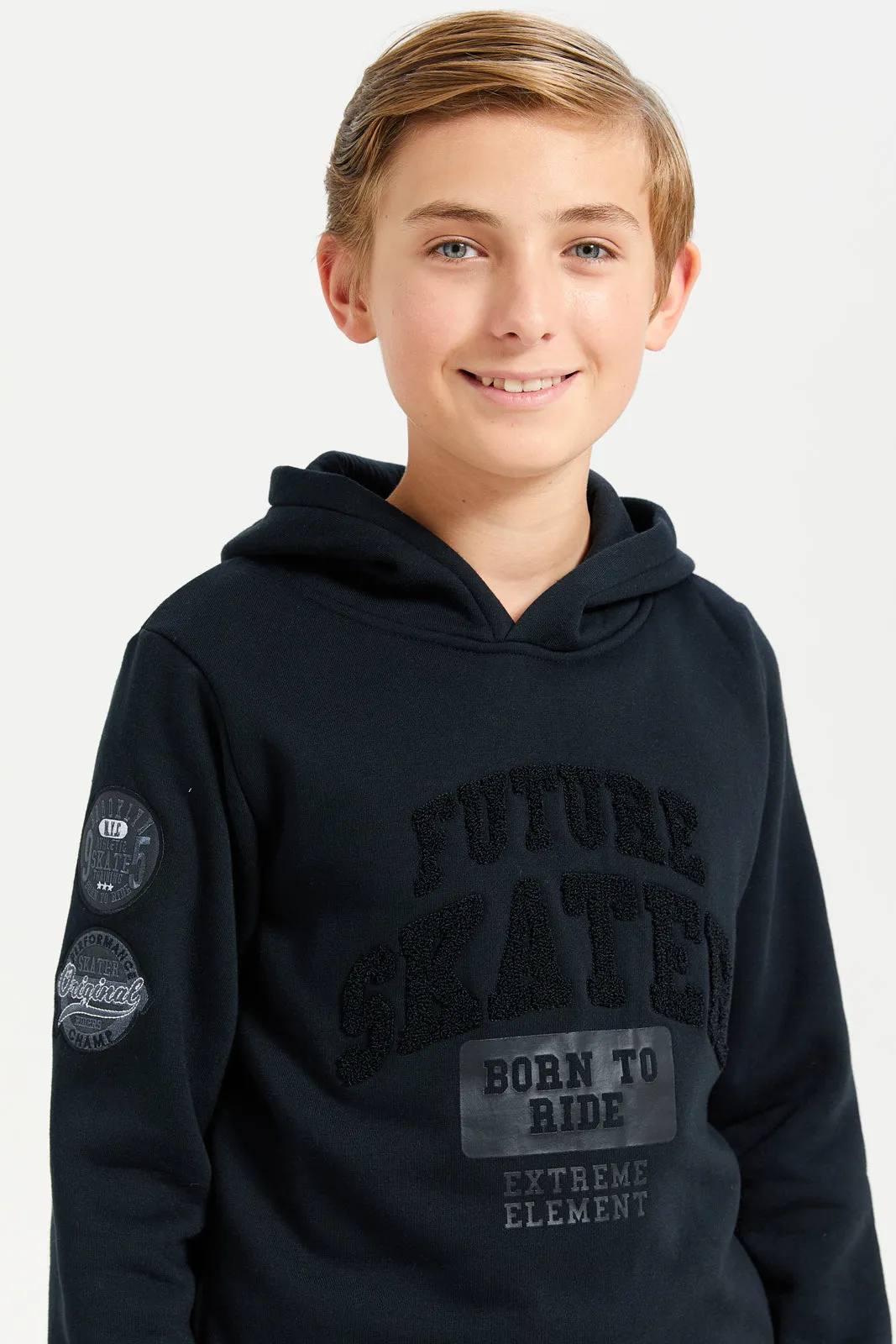 Senior Boys Black Towel Applique Hoody Sweatshirt