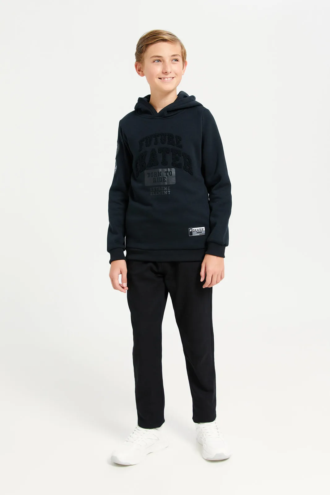 Senior Boys Black Towel Applique Hoody Sweatshirt