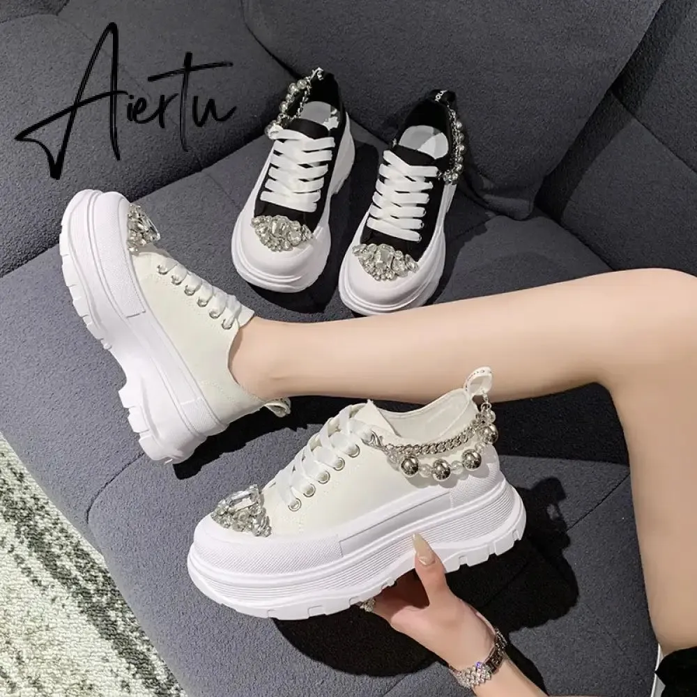 Women Chunky Sneakers Rhinestone Platform Sports Shoes Summer Height Increasing Casual Shoes 7CM High Heels Women Canvas Shoe