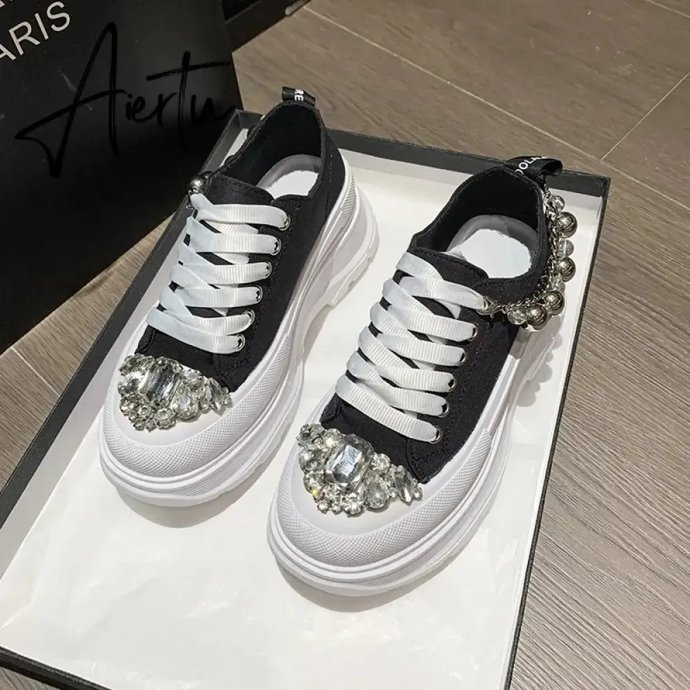 Women Chunky Sneakers Rhinestone Platform Sports Shoes Summer Height Increasing Casual Shoes 7CM High Heels Women Canvas Shoe